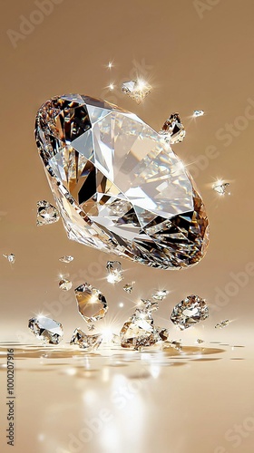  A diamond soaring through the sky surrounded by a sea of diamonds on a light brown canvas