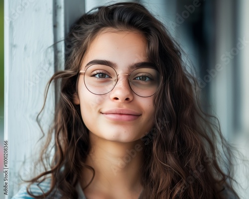 Smiling Young Woman with Curly Hair and Glasses Leaning Against a Wall, Natural Light Portrait Photograph