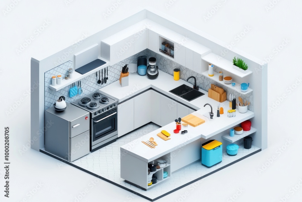 Isometric View of a Modern Kitchen with Appliances and Accessories Isometric View of a Modern Kitchen with Appliances and Accessories