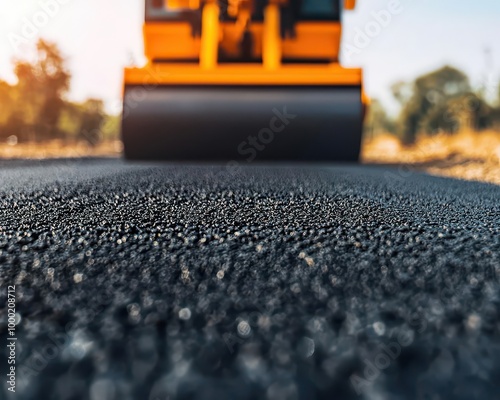 Modern road paving project where eco-friendly materials are being used, and autonomous machines are laying the asphalt under a bright sky, Sustainability, Digital Art