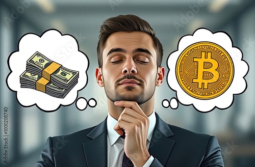 manager chooses between dollars and bitcoin. Man between two choices. Separation. Dollar or bitcoin. There is a thought bubble above a  men's head. Cryptocurrency investment by person