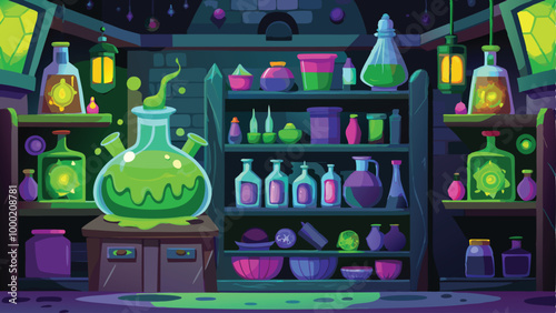 Potion Bottles Glowing in a Witchs Lair Halloween Magical Background Vector Illustration