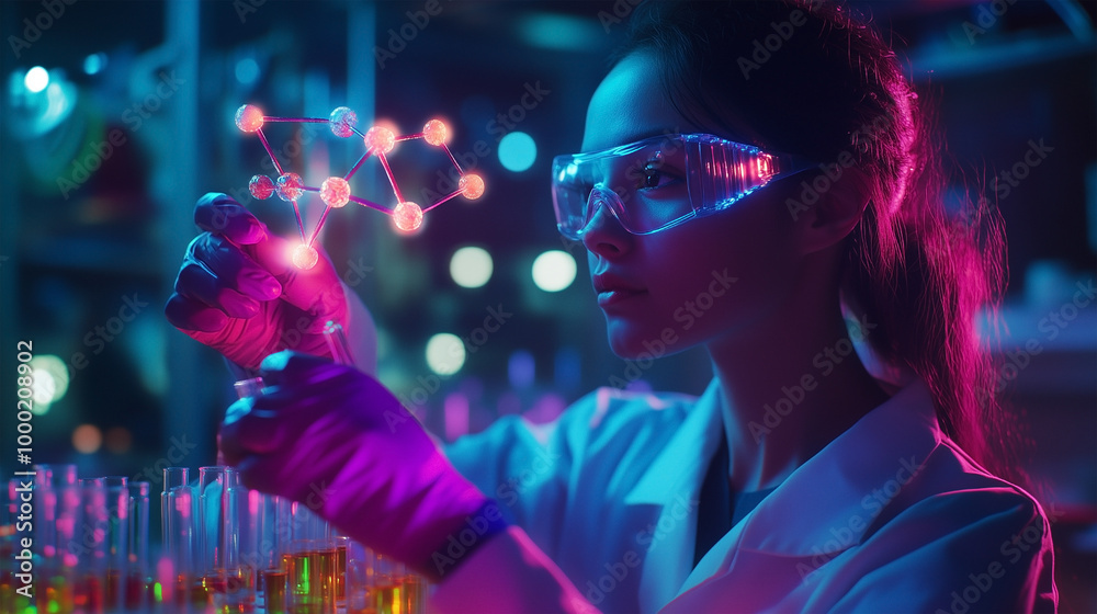 A woman in a lab coat is wearing goggles and holding a test tube A woman in a lab coat is wearing goggles and holding a test tube