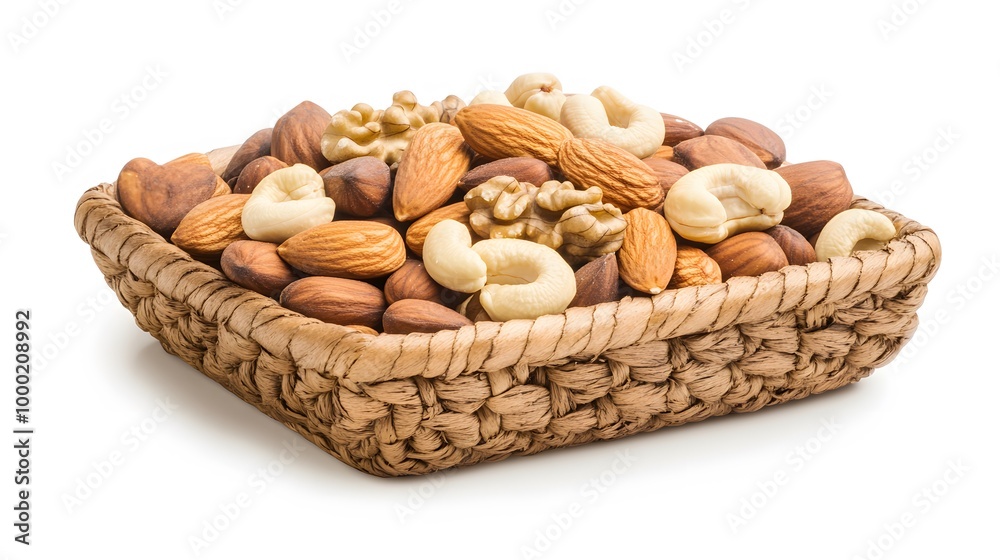 Realistic close-up of assorted nuts (almonds, cashews, walnuts) in a wooden basket on a white background Realistic close-up of assorted nuts (almonds, cashews, walnuts) in a wooden basket on a white background