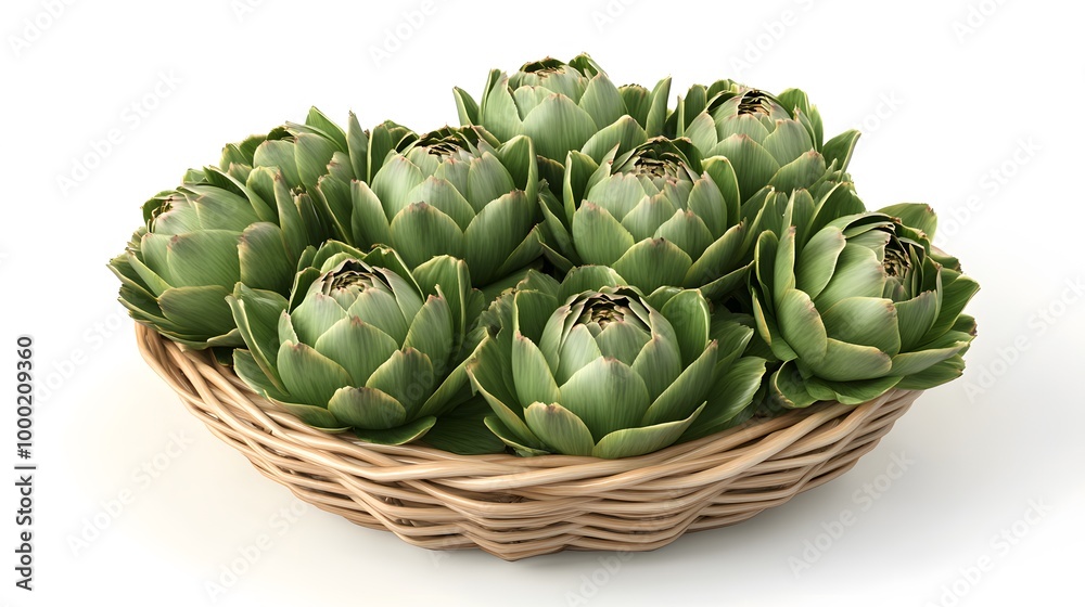 Realistic spread of whole artichokes in a wicker basket on a white background, showcasing their layered, green leaves and rounded shape Realistic spread of whole artichokes in a wicker basket on a white background, showcasing their layered, green leaves and rounded shape