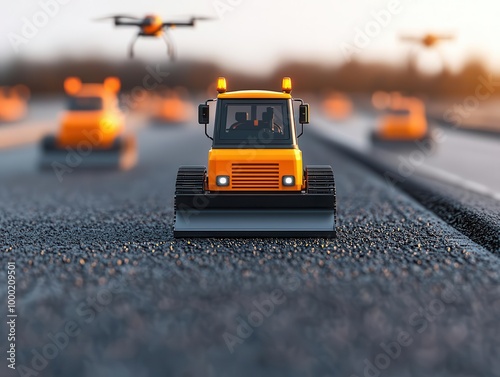 Autonomous road construction vehicles paving a futuristic highway, drones monitoring the asphalt quality from above, Sci-Fi, 3D Art photo