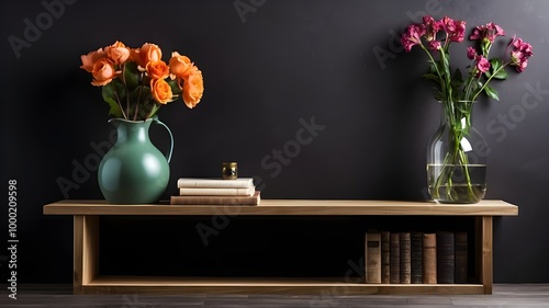 Light-colored wall with wooden shelves holding books, picture frames, and ornamental items
 photo