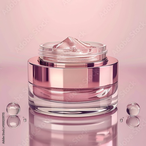 A Luxurious Pink Glass Jar of Face Cream with Pearl-Like Beads photo