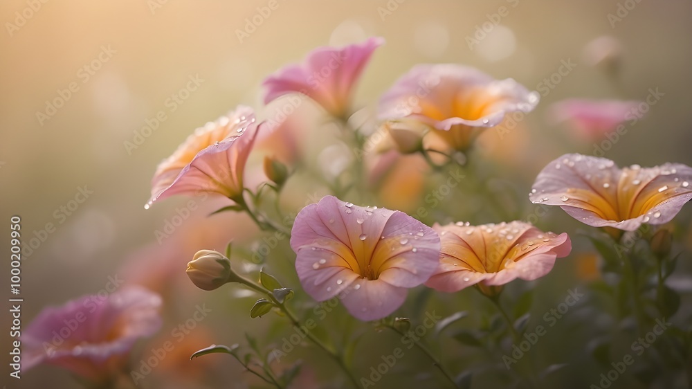 A misty, eerie autumn morning scene with delicate petals and flossflower gently swaying in the morning breeze, all set against a soft, diffused light background with hints of warm orange and golden A misty, eerie autumn morning scene with delicate petals and flossflower gently swaying in the morning breeze, all set against a soft, diffused light background with hints of warm orange and golden