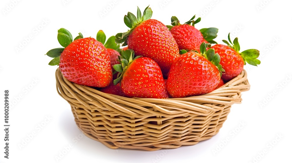 Realistic arrangement of ripe strawberries in a small wicker basket on a white background, showcasing their bright red color and green caps Realistic arrangement of ripe strawberries in a small wicker basket on a white background, showcasing their bright red color and green caps