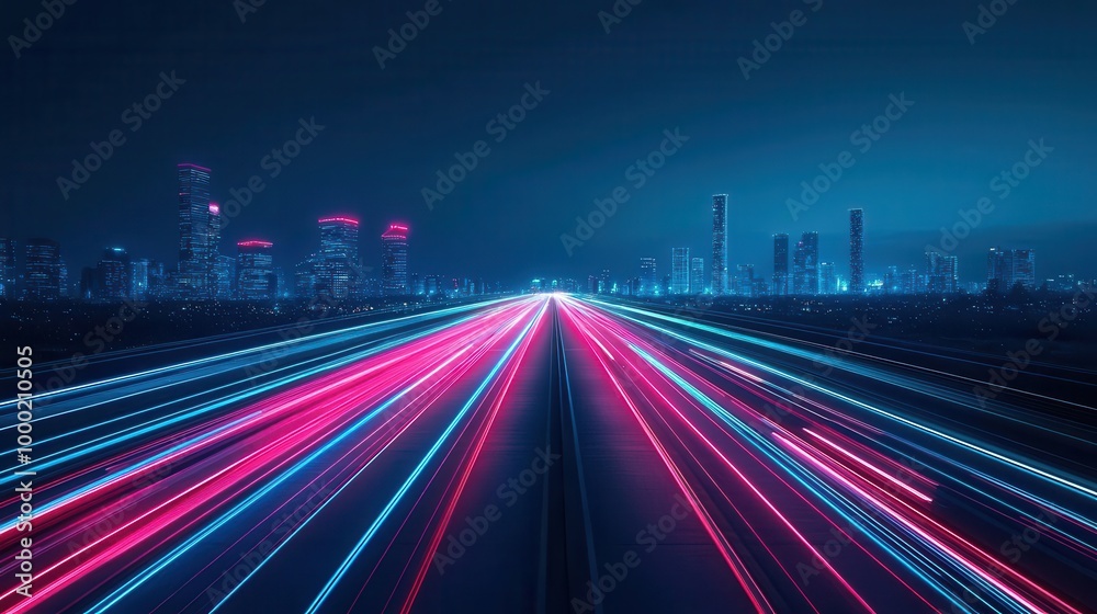 Fototapeta premium Modern highway construction site where drones and robots collaborate to install modular asphalt slabs, surrounded by a glowing skyline, Sci-Fi, Digital Art