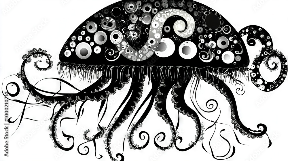Jellyfish with numerous bubbles on its back & tentacles on its head Jellyfish with numerous bubbles on its back & tentacles on its head