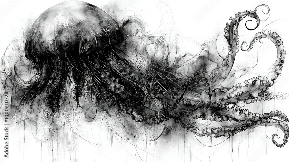 Black and white photo of octopus with hair on its back, alongside a black and white drawing of an octopus on its back Black and white photo of octopus with hair on its back, alongside a black and white drawing of an octopus on its back