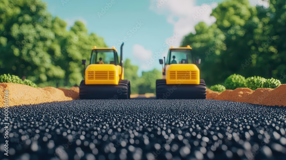 Eco-friendly road construction with recycled asphalt being laid by autonomous machines, set in a natural landscape with green trees, Sustainability, 3D Art Eco-friendly road construction with recycled asphalt being laid by autonomous machines, set in a natural landscape with green trees, Sustainability, 3D Art