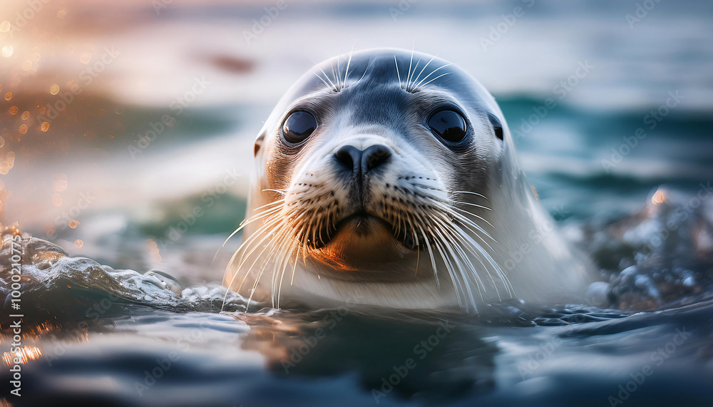 Fototapeta premium Seal Emerging from the Water with Wet Fur and Whiskers