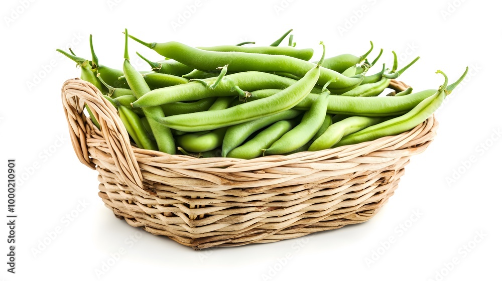 Realistic close-up of fresh green beans in a wicker basket on a white background, highlighting their smooth texture and vibrant green color Realistic close-up of fresh green beans in a wicker basket on a white background, highlighting their smooth texture and vibrant green color