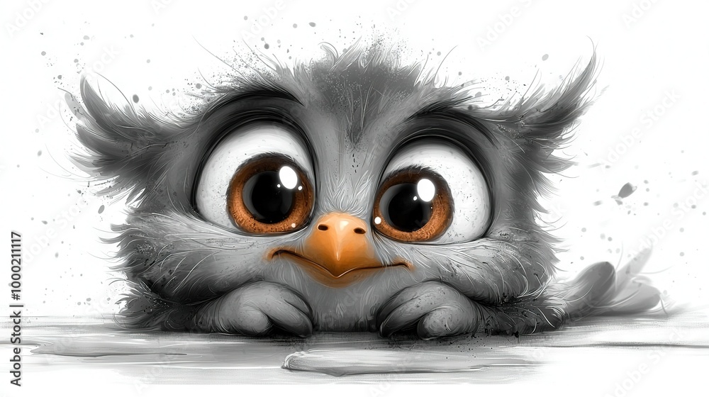 A bird with big eyes and a sad expression gazes into a puddle A bird with big eyes and a sad expression gazes into a puddle