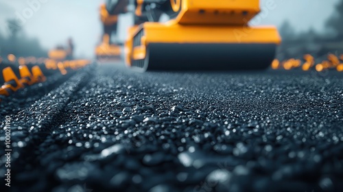 High-tech road construction with modular asphalt slabs being laid by robotic arms, engineers overseeing the project using holographic blueprints, Futurism, 3D Render