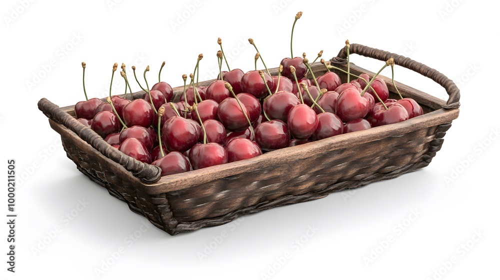 Realistic spread of ripe cherries in a rustic wooden basket on a white background Realistic spread of ripe cherries in a rustic wooden basket on a white background