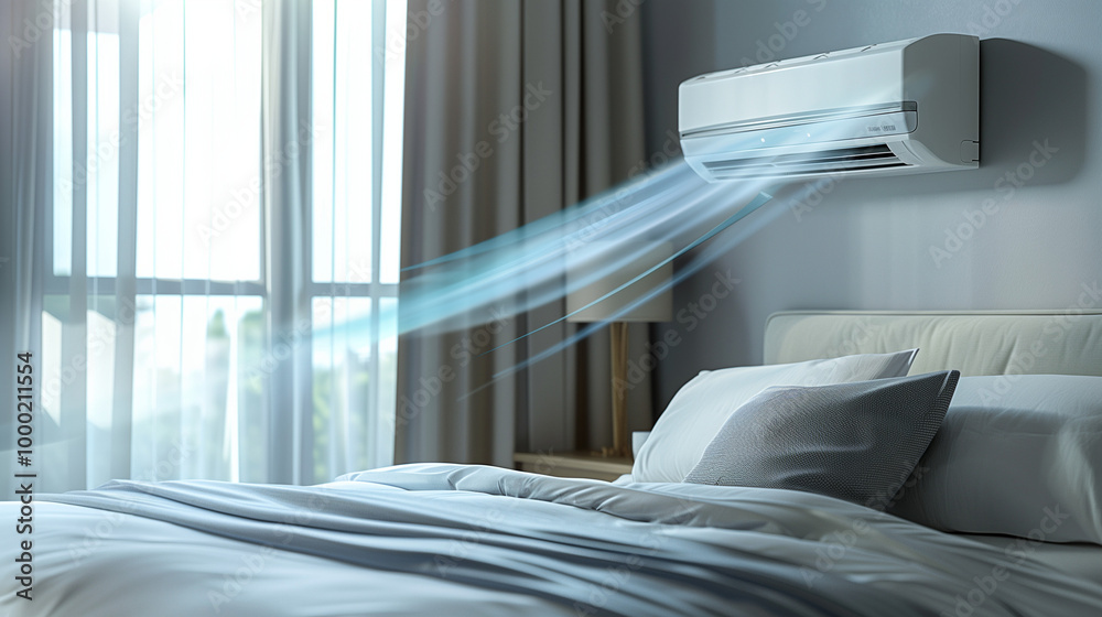 A white air conditioner with a cool and fresh blue breeze flowing out of it. A white air conditioner with a cool and fresh blue breeze flowing out of it.