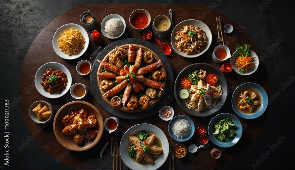 A table full of diverse Asian cuisine delicacies and main dishes A table full of diverse Asian cuisine delicacies and main dishes