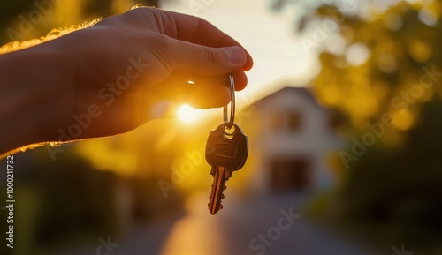 A hand holding keys to a new house, set against a blurred backdrop of a modern home exterior, illuminated by a warm sunset glow