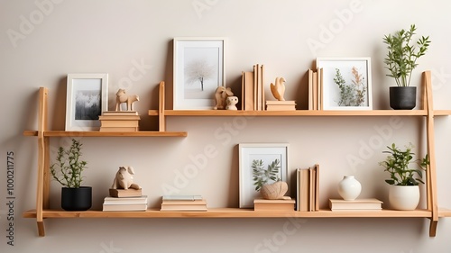 Light-colored wall with wooden shelves holding books, picture frames, and ornamental items
 photo