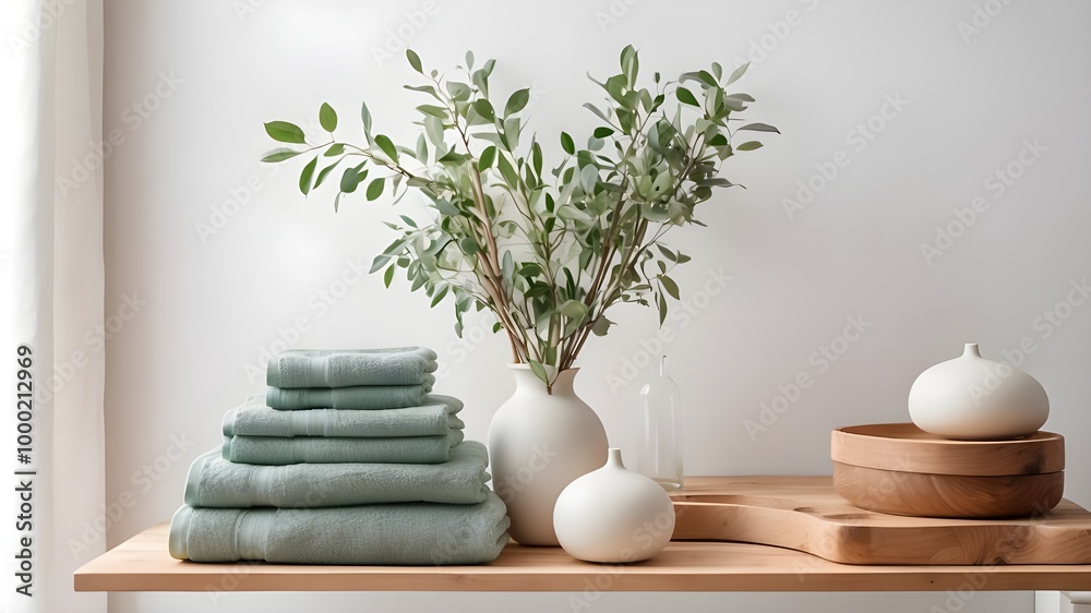 Arranged terry towels and foliage in a vase on a wooden shelf close to a white wall.
Arranged terry towels and foliage in a vase on a wooden shelf close to a white wall.