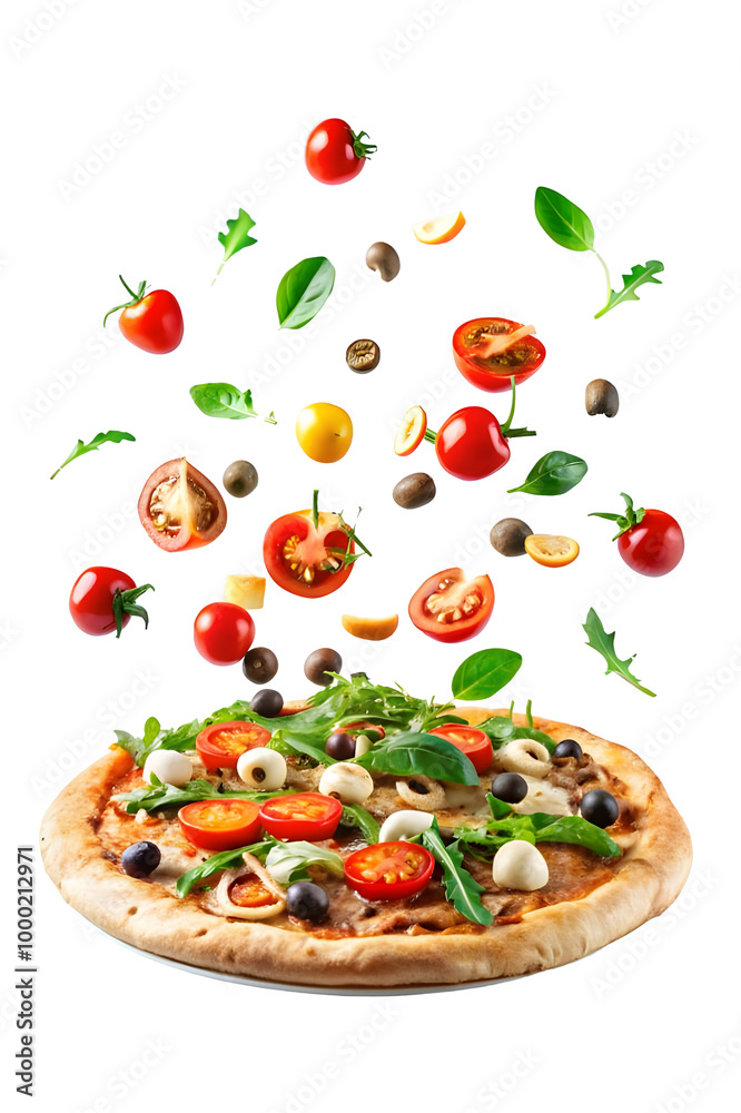 Fresh and colorful pizza ingredients are frozen mid-air as they float above a freshly baked pizza crust. Fresh and colorful pizza ingredients are frozen mid-air as they float above a freshly baked pizza crust.