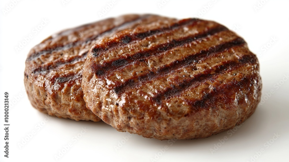 Two beef patties with distinct grill marks Two beef patties with distinct grill marks
