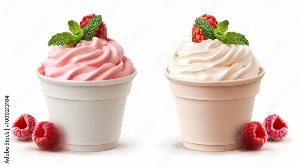 Two cups of soft serve ice cream in pink and white flavors, topped with fresh raspberries and mint leaves, on white background with additional raspberries next to the cups Two cups of soft serve ice cream in pink and white flavors, topped with fresh raspberries and mint leaves, on white background with additional raspberries next to the cups