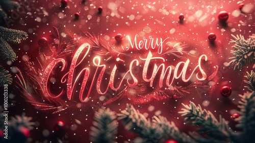 Elegant "Merry Christmas" text with glowing effects on festive red background decorated with pine branches, baulks and falling snow