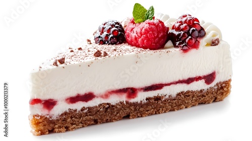 Delicious Slice of Cheesecake with Berries and Mint – Isolated on White