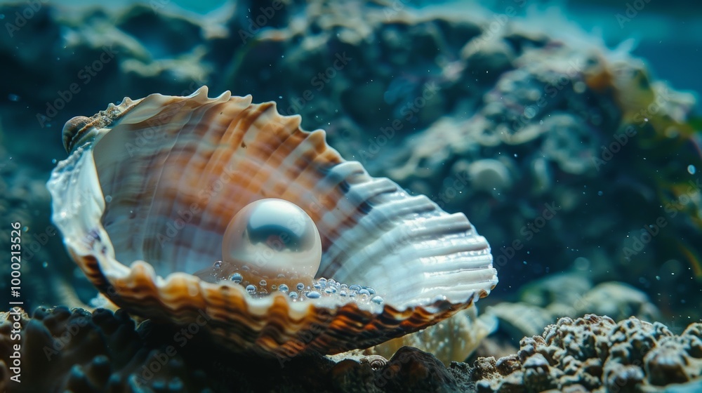Pearl inside an open shell underwater, surrounded by the marine environment, showcasing the natural beauty and elegance of this ocean treasure Pearl inside an open shell underwater, surrounded by the marine environment, showcasing the natural beauty and elegance of this ocean treasure