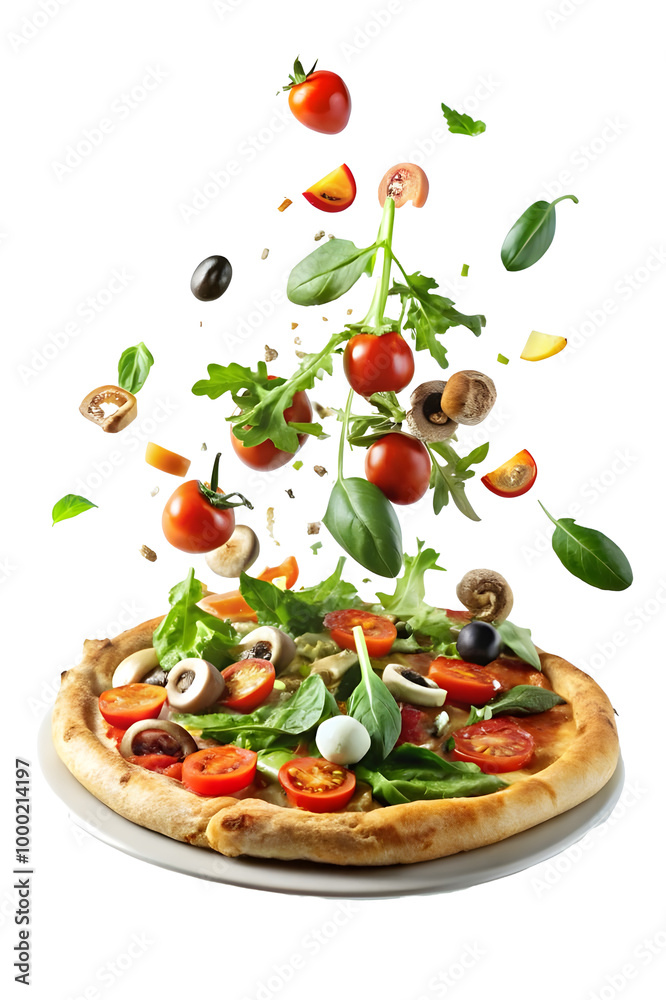 Fresh and colorful pizza ingredients are frozen mid-air as they float above a freshly baked pizza crust.