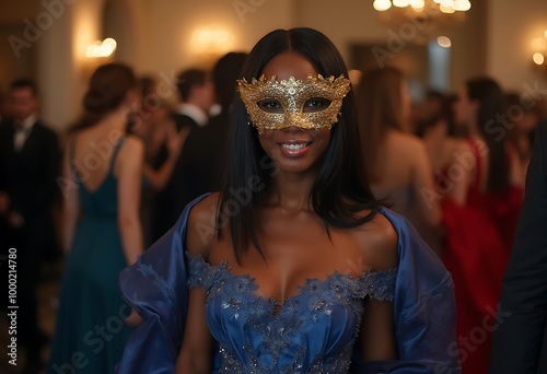 An elegant Black woman in a stunning blue gown adorned with intricate details and wearing a golden mask attends a lavish masquerade ball photo