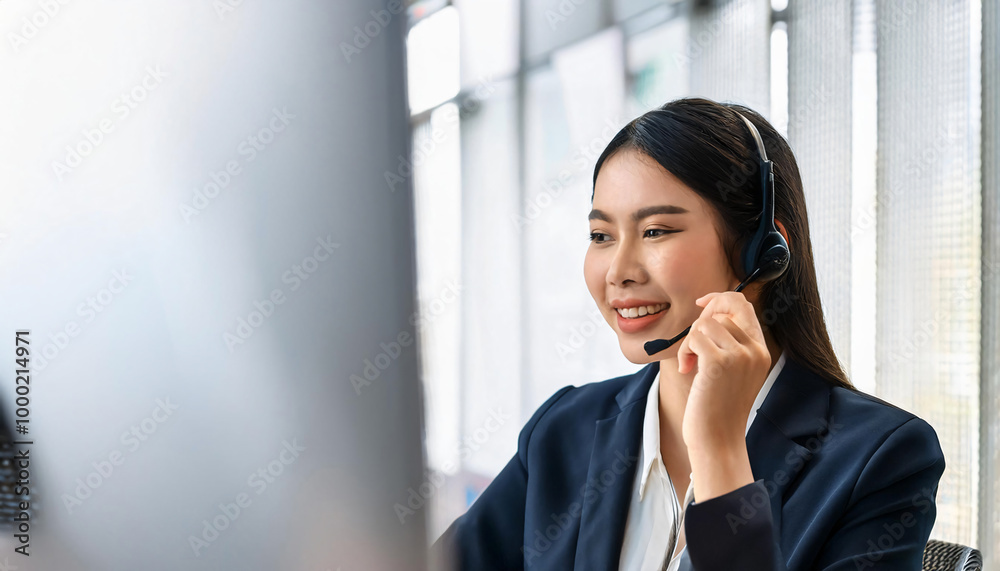 young Asian female dispatcher smiling while talking to a customer through her headset