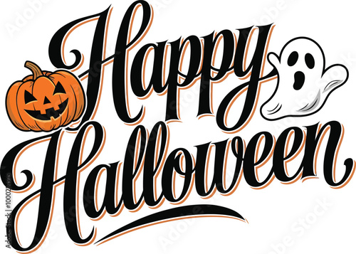 happy Halloween lettering calligraphy with pumpkin, bat