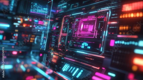 Futuristic Cyberpunk Tech Landscape with Glowing Neon Panels