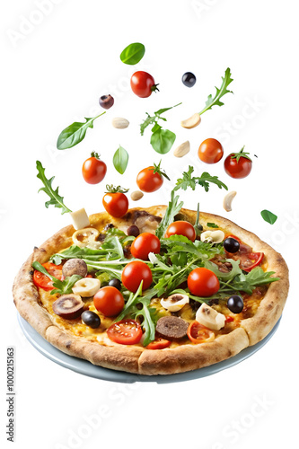 Delicious pizza with flying ingredients on white background
