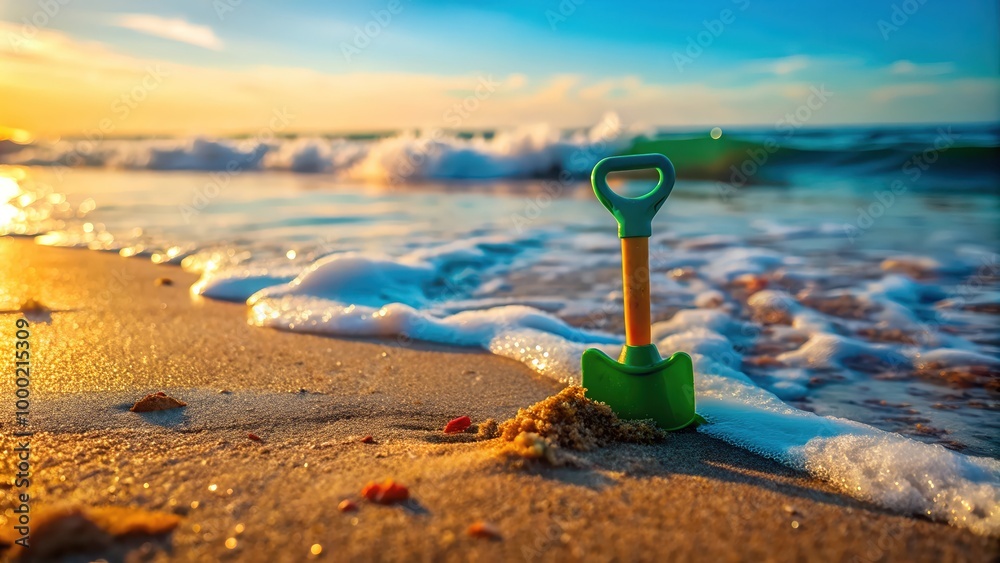 Beautiful Tropical Beach with a Childs Toy Spade ,Golden Sand and Crystal Clear Ocean Water, A Serene Coastal Paradise Perfect for Digital Graphic Design Projects and Backgrounds Beautiful Tropical Beach with a Childs Toy Spade ,Golden Sand and Crystal Clear Ocean Water, A Serene Coastal Paradise Perfect for Digital Graphic Design Projects and Backgrounds