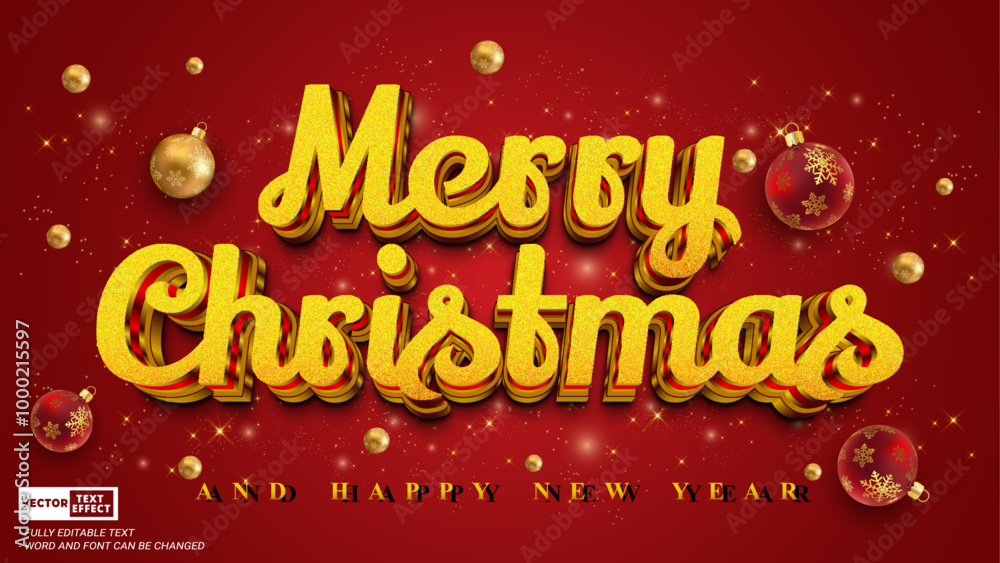 Merry christmas and happy new year celebrate gold luxury style editable 3d text effect vector with christmas ornament Merry christmas and happy new year celebrate gold luxury style editable 3d text effect vector with christmas ornament