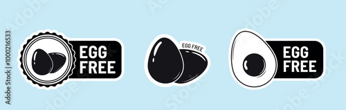 Egg Free Food concept. Label With Silhouettes of a Chicken Egg and egg-free words. Good for allergy costumers. Vector signs for product packaging design.