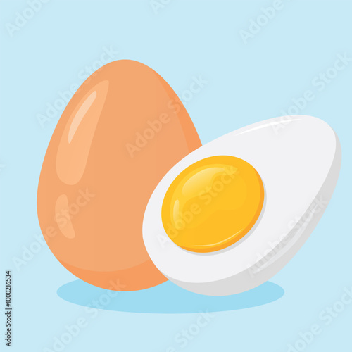 Chicken Egg Vector illustration. Sliced boiled egg and whole one in the shell. Healthy Food, Protein Breakfast vector illustration.