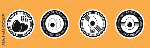 Egg Free Food concept. Label With Silhouettes of a Chicken Egg and egg-free words. Good for allergy costumers. Vector signs for product packaging design.