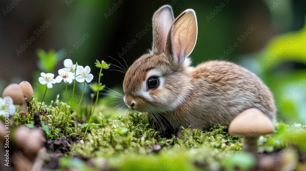 Fototapeta premium Adorable Rabbit Among Greenery and Mushrooms