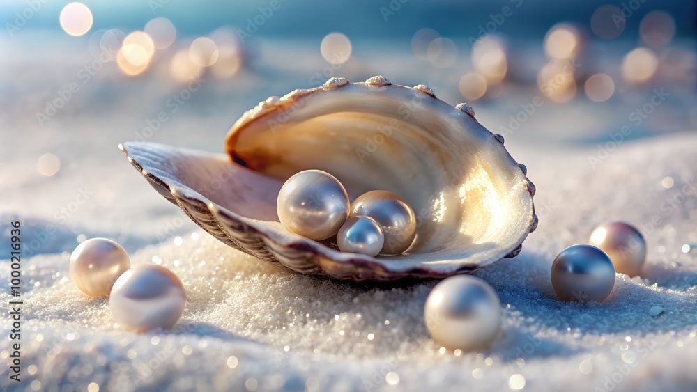 Beautiful Tropical Beach with Pearls in a Shell, Golden Sand and Crystal Clear Ocean Water, A Serene Coastal Paradise Perfect for Digital Graphic Design Projects and Backgrounds Beautiful Tropical Beach with Pearls in a Shell, Golden Sand and Crystal Clear Ocean Water, A Serene Coastal Paradise Perfect for Digital Graphic Design Projects and Backgrounds