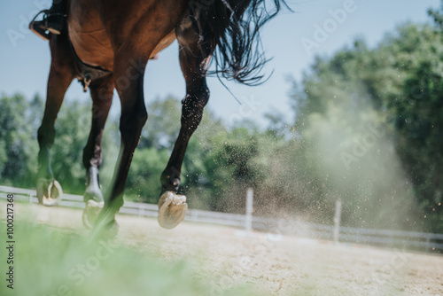 Obraz na plátne Dynamic close-up image of a horse's legs galloping on a sandy track, capturing motion and dust clouds under a clear sky