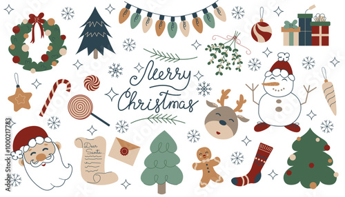 Hand drawn cute cartoon illustration of Christmas elements set. Flat vector winter holidays stickers collection in colored doodle style. New Year, Xmas icon or print. Isolated on white background