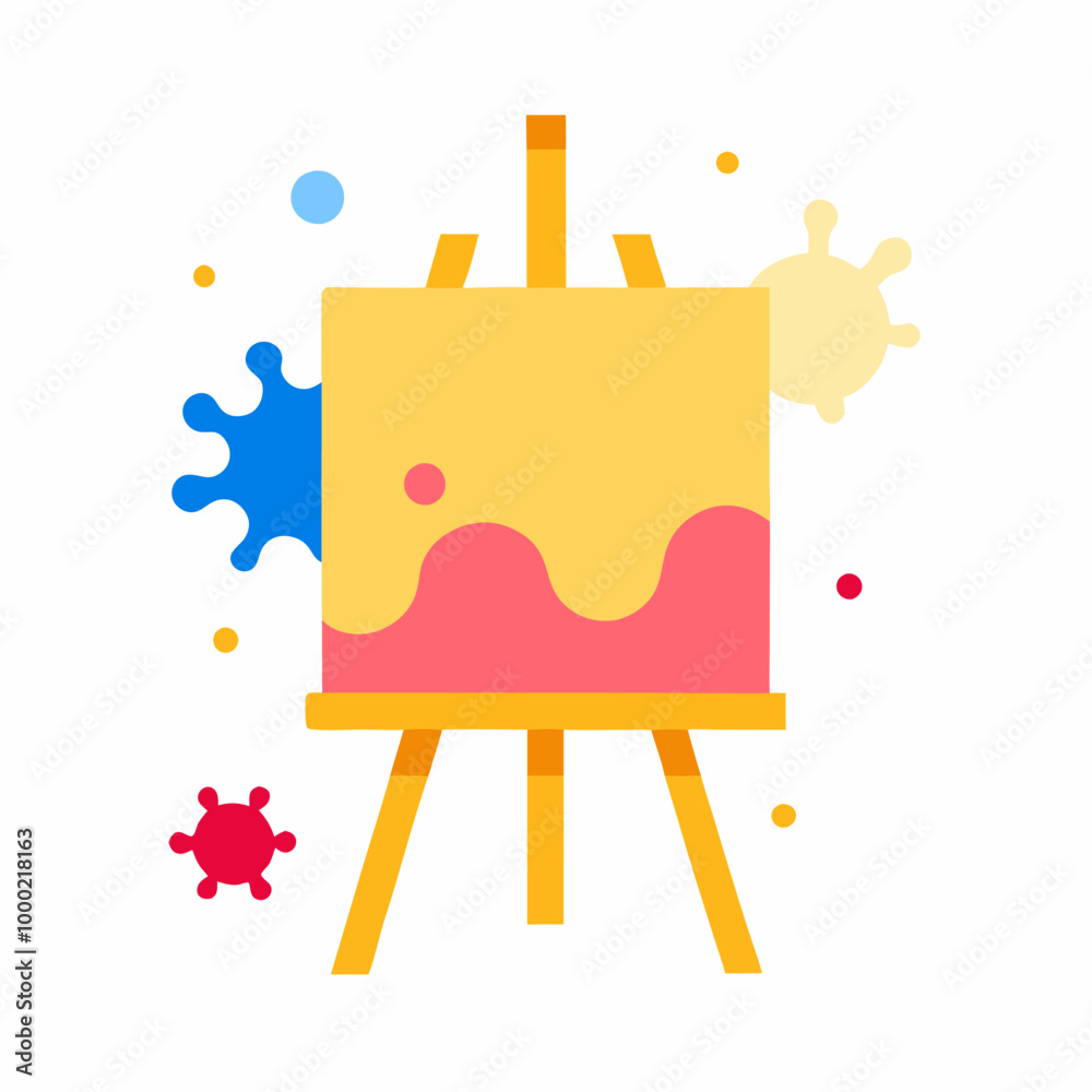 A colorful illustration of an easel with paint splatters, perfect for adding a touch of creativity to your designs. This fun and playful graphic is ideal for art-related projects.